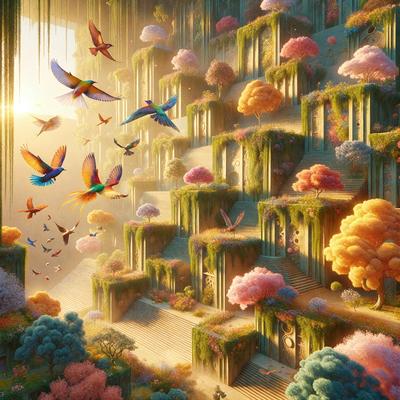 Primary subject: A colorful, whimsical scene featuring a variety of birds and flowers.

Setting/background: The scene takes place in a lush, vibrant garden with a variety of flowers and trees.

Visual style: The image is a digital art or illustration, showcasing a creative and imaginative world.

Colors and mood: The colors are predominantly bright and warm, creating a cheerful and inviting atmosphere.